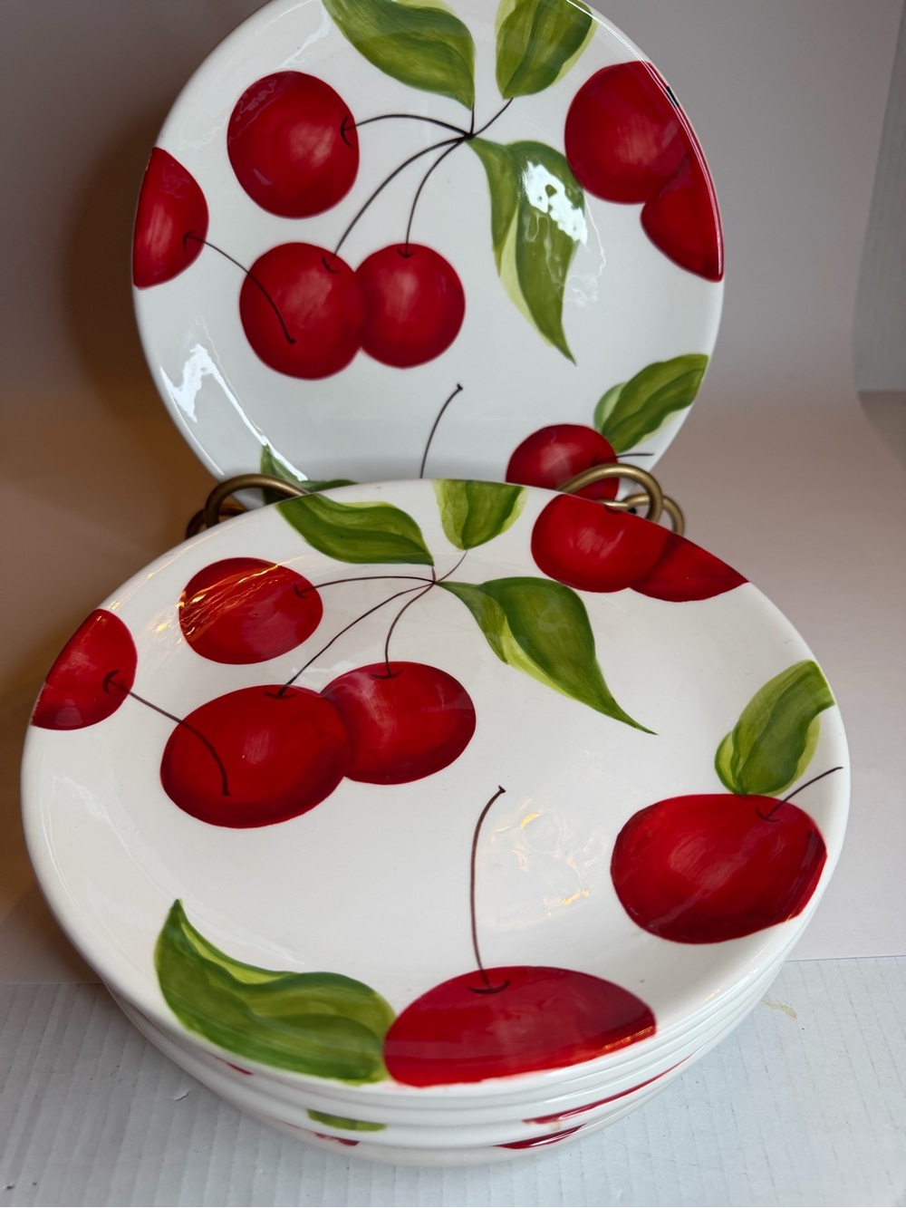 Set of 8 Harry & David Cherries Luncheon Plates Hand-painted Ceramic 9” Vintage